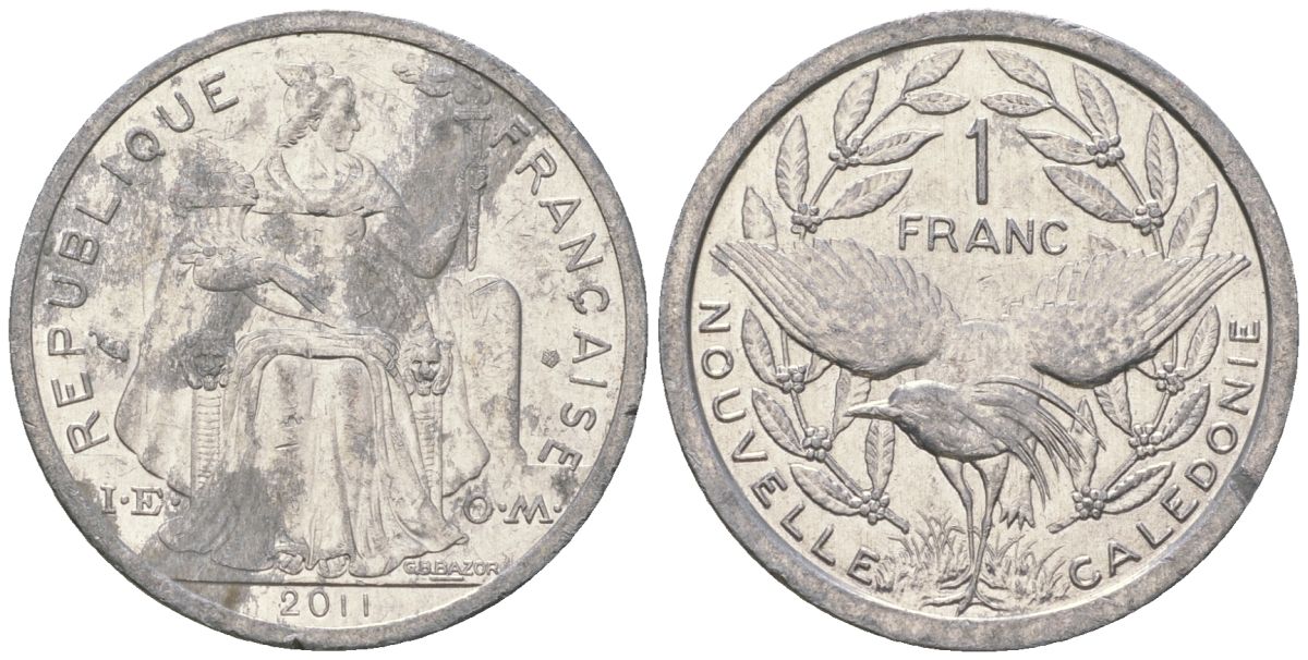 Французская Новая Каледония 1 франк 2011 птица кагу, (IEOM) KM 10, Schoen 10 алюминий 35-1454