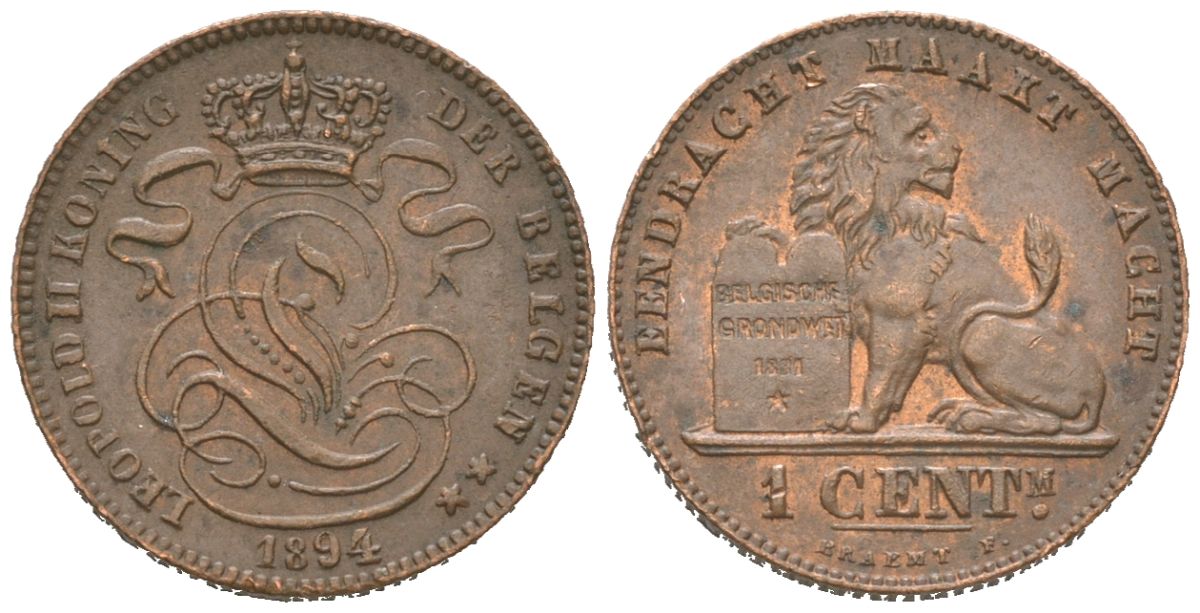 Бельгия 1 сантим 1894 Belgen, Леопольд II (1865-1909) KM 34.1 медь aUNC 4621-639
