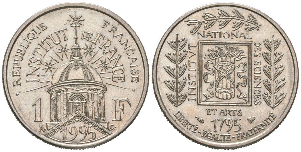 Франция 1 франк 1995 200 лет Институту Франции KM 1133, Le Franc 230 никель UNC 4582-222