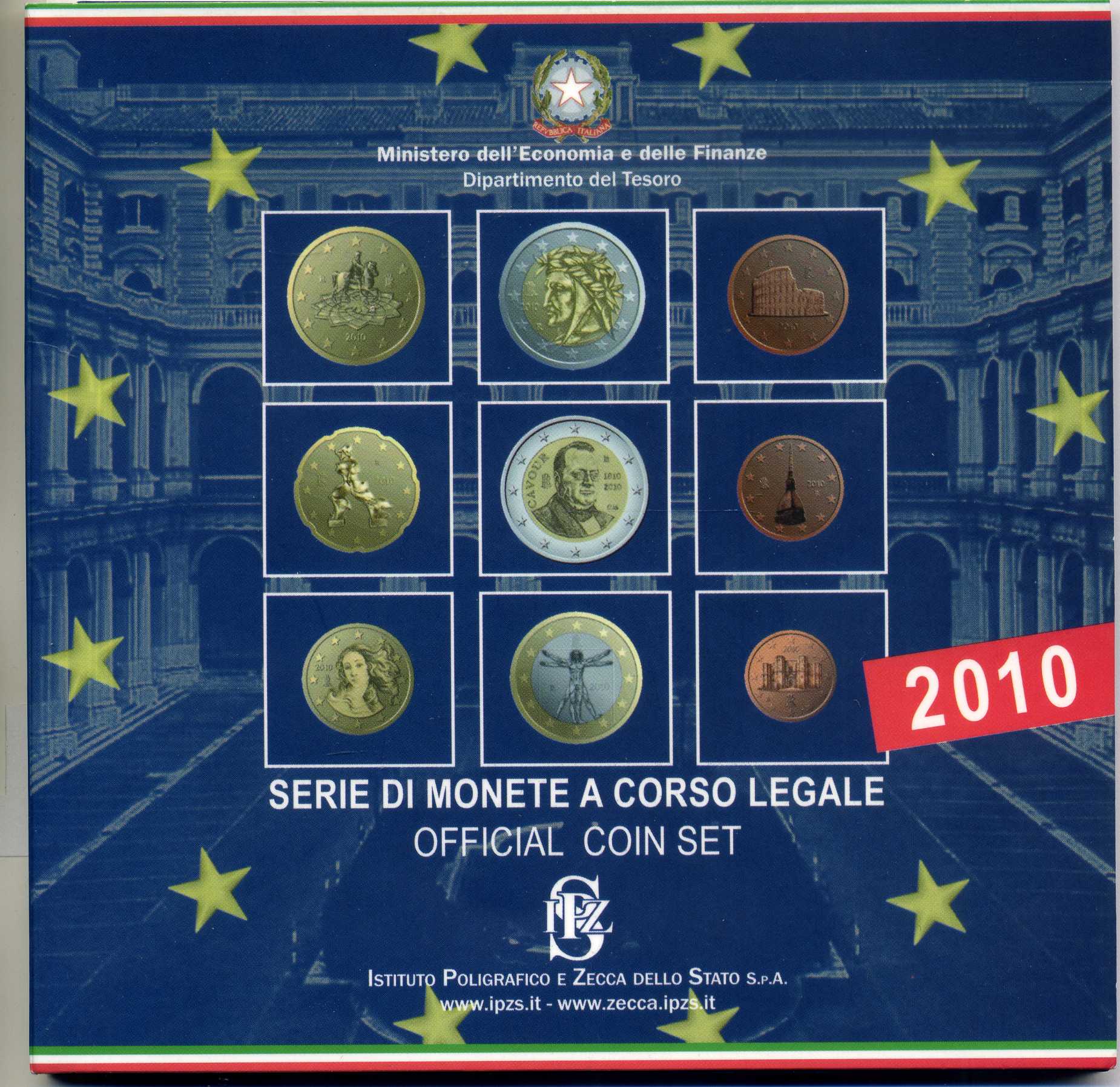 Италия евронабор из 9 монет 2010 200 лет со дня рождения Камилло Бенсо Кавура, запайка в пластик, оригинальный картонный буклет BUNC 5-4-4-27