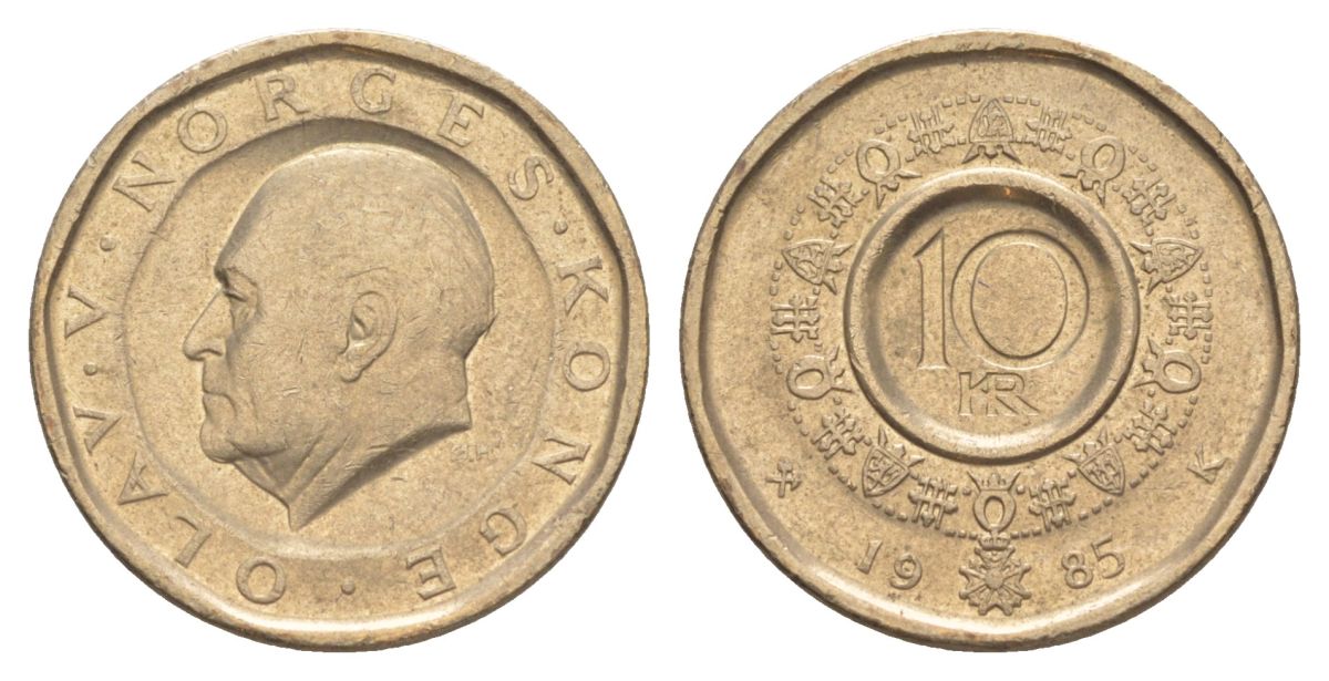 Норвегия 10 крон 1985 Улаф V (1957-1991) KM 427 никель латунь 4635-753