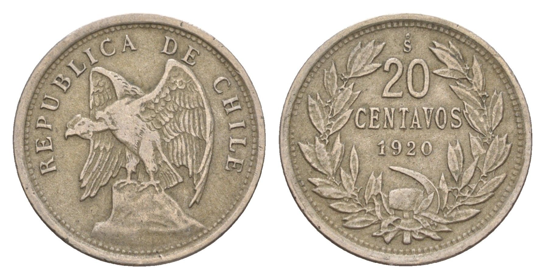 Чили 20 сентаво 1920 KM 167 медно-никель 4649-821