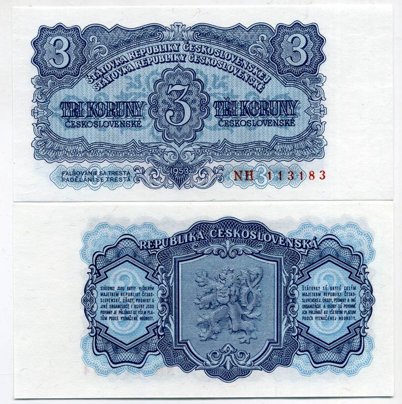 Чехословакия 3 кроны 1953 Pick 79a бумага UNC (пресс) 000-00-00