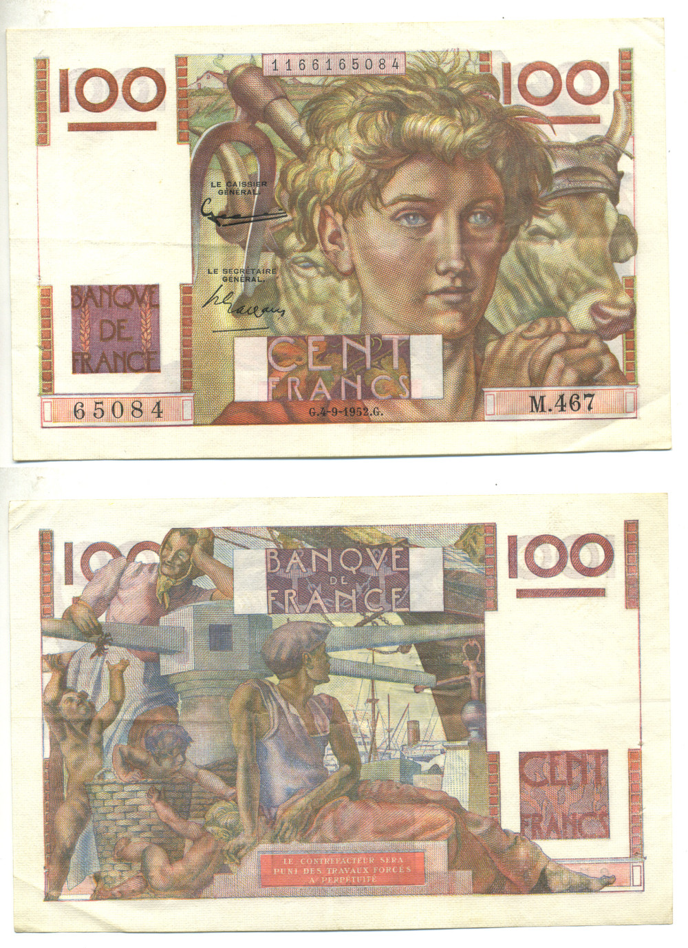 ФРАНЦИЯ 100 ФРАНКОВ 1952 4 ОКТЯБРЯ 1952 Pick 128d бумага 3295-31-1