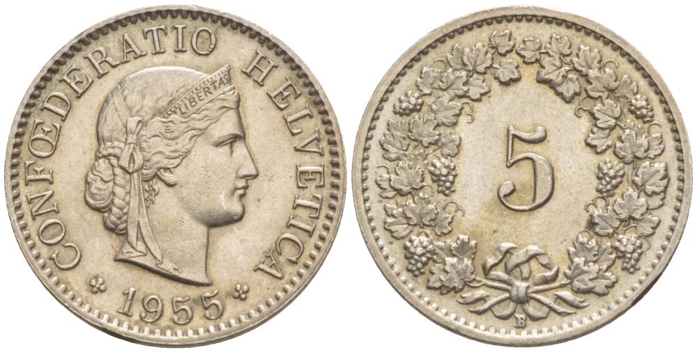 ШВЕЙЦАРИЯ 5 РАППЕНОВ 1955 В KM 26 медно-никель 4532-948