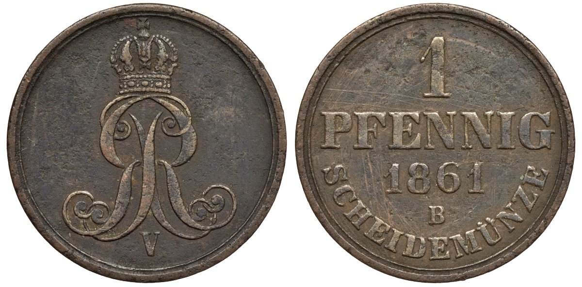 Ганновер 1 пфенниг 1861 B, Георг V KM 233, AKS 156, J. 90 медь 4594-224