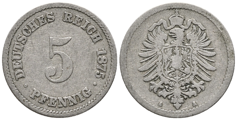 ГЕРМАНИЯ 5 ПФЕННИГОВ 1875 A, СТАРОГЕРБОВКА KM 3, J. 3 медно-никель 39-332