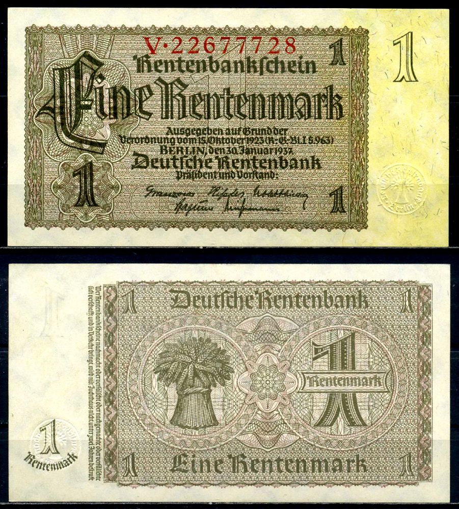 Германия 1 рентенмарка 1937 30 января 1937, серия V, номер 8-значный Pick 173, Розенберг 166b бумага аUNC 3295-27-3-2