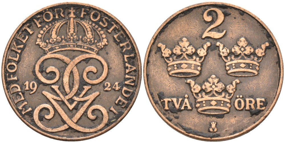 Швеция 2 эре 1924 Густав V (1907-1950) KM 778 бронза 63-1142
