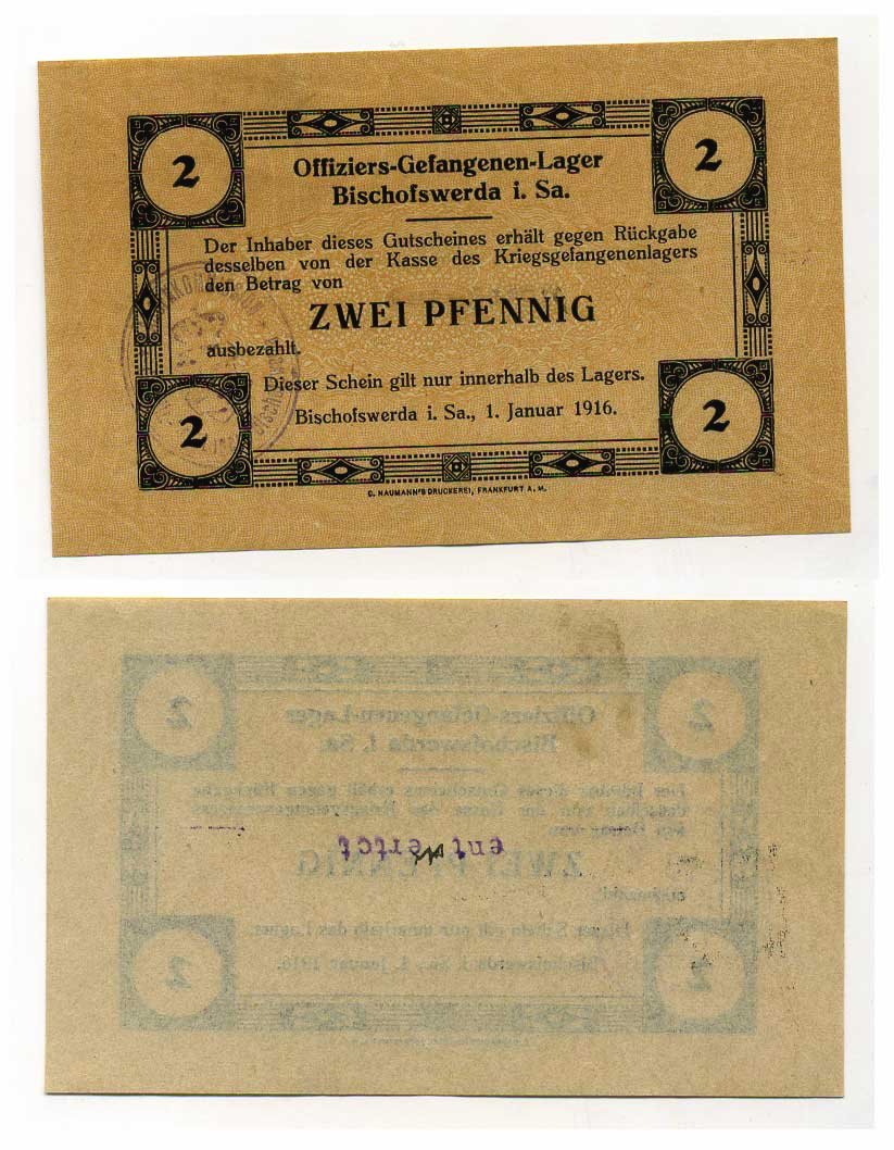 Германия 2 пфеннига 1916 Бишофсверда в Саксонии, лагерь военнопленных офицеров и тюрьмы, в нагрузку C-2751 бумага UNC (пресс) 000-00-00