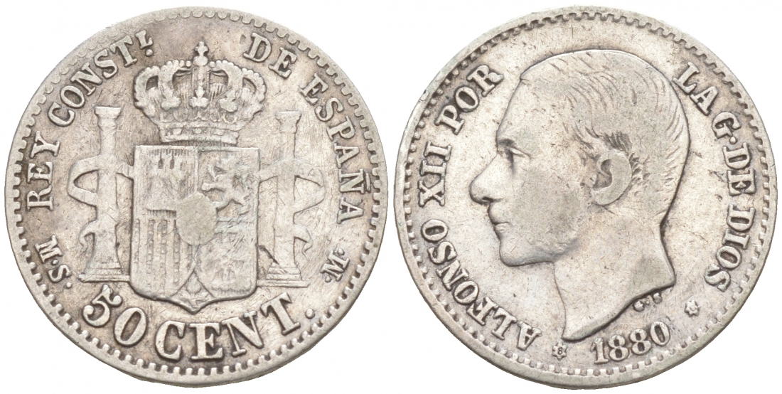 ИСПАНИЯ 50 СЕНТИМО 1880 MS-M, АЛЬФОНСО XII KM 685 серебро 44-1038