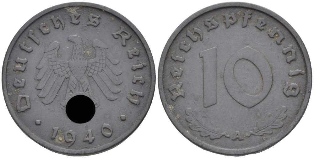 ГЕРМАНИЯ 10 РЕЙХСПФЕННИГОВ 1940 A KM 101, J. 371 цинк 4401-514
