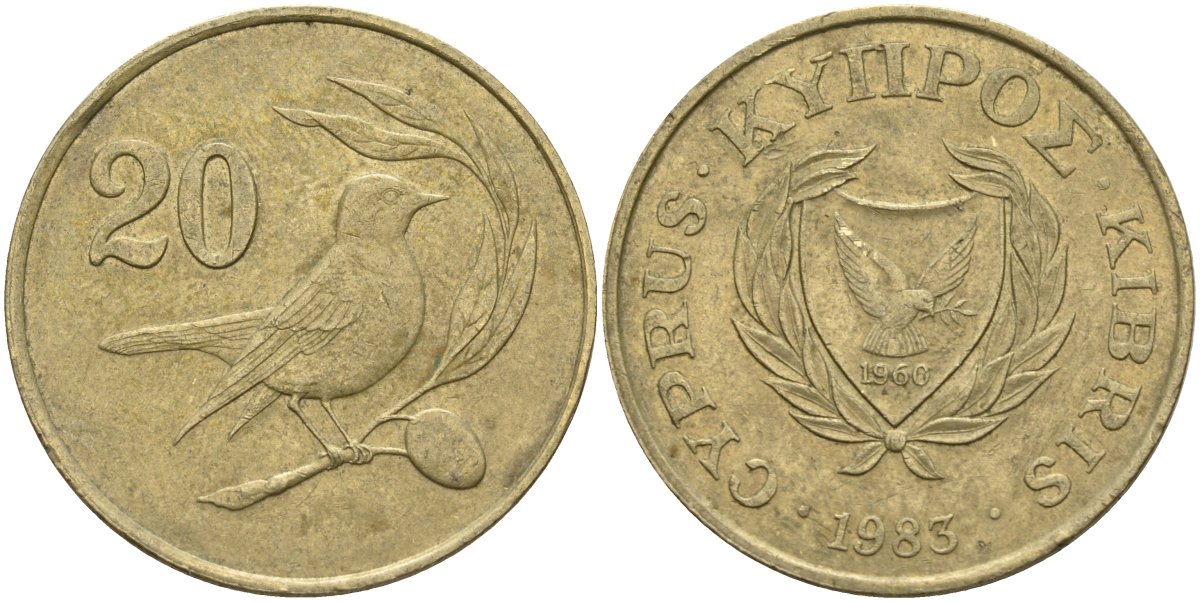 Кипр 20 центов 1983 птичка KM 57.1 никель латунь 4140-712