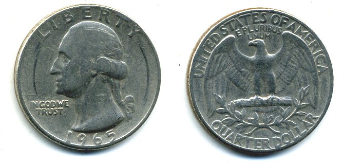 США 25 центов (квотер) 1965 Вашингтон KM 164а медь плакированная медно-никелем 46-1824