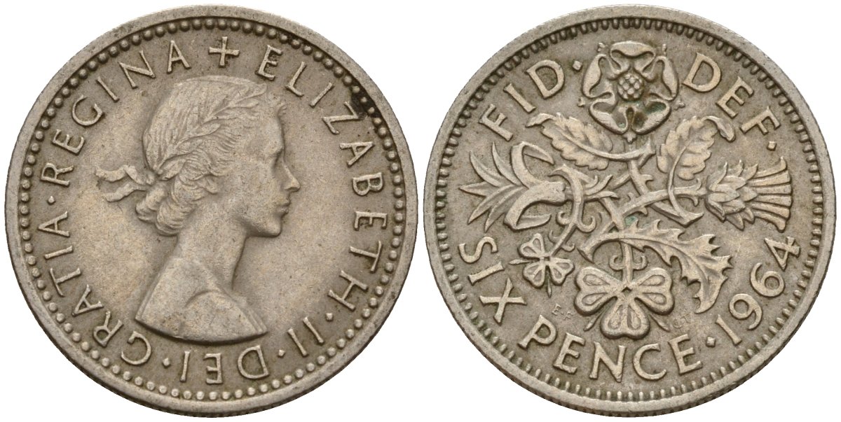 Великобритания 6 пенсов 1964 Елизавета II (1952-2022) KM 903, Spink 4149 медно-никель 4189-843