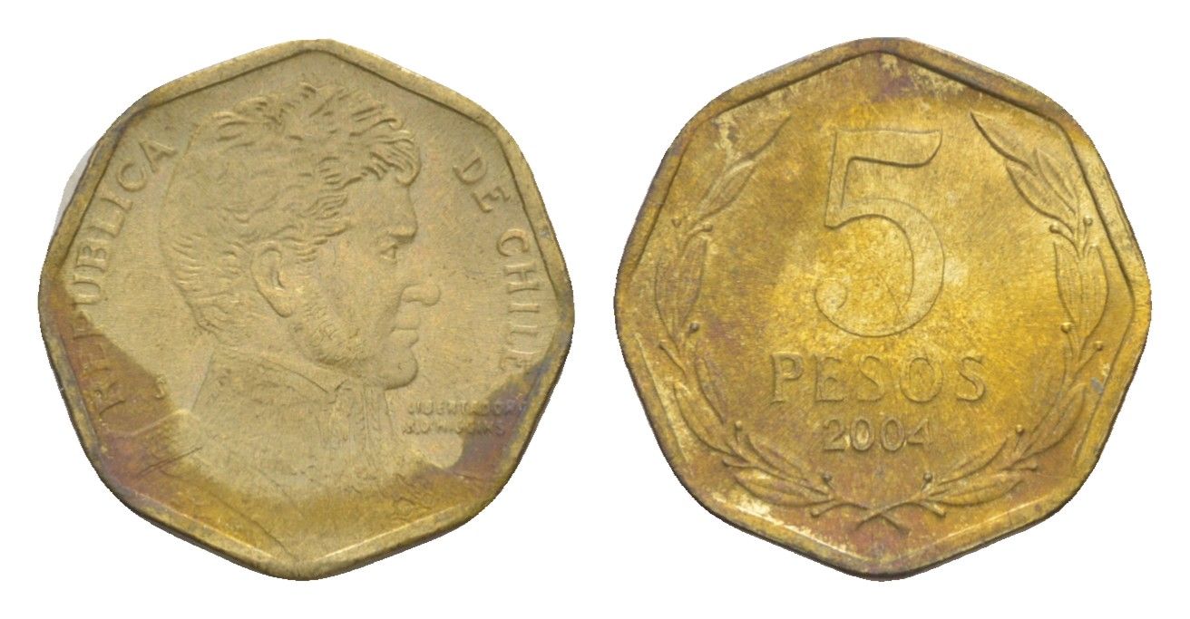 Чили 5 песо 2004 Бернардо О’Хиггинс KM 232 алюминиевая бронза 4158-523