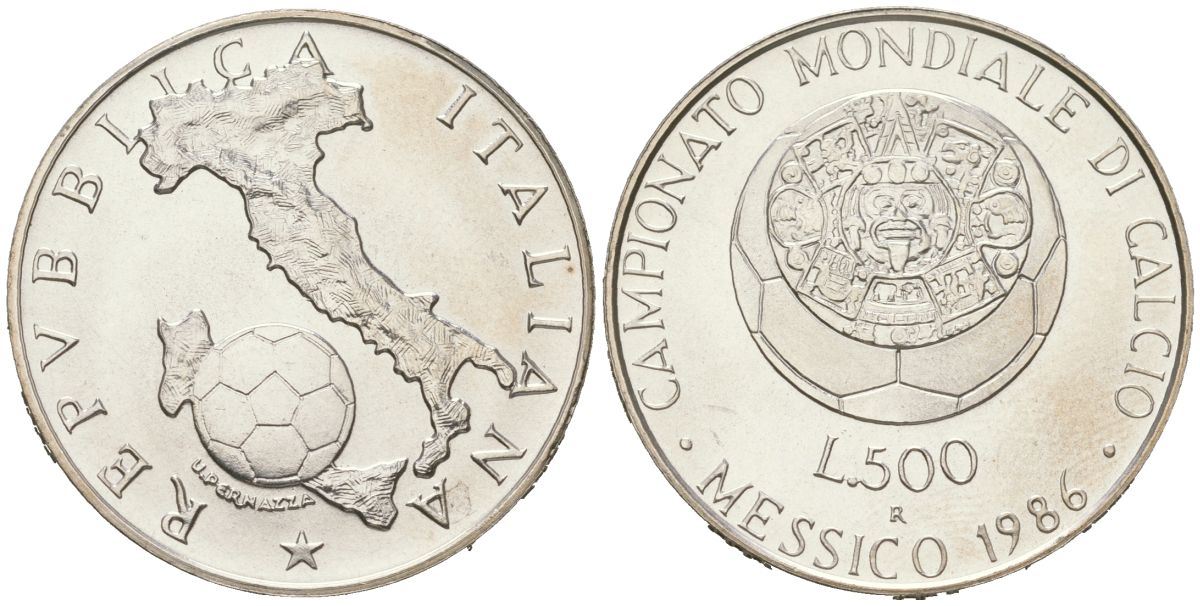 Италия 500 лир 1986 R, Чемпионат мира по футболу 1986 KM 119 серебро BU 34-523