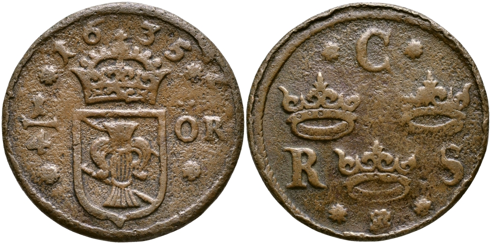 Швеция 1/4 эре 1635 Кристина (1632-1654), была в обращении на территории России KM 152.2 медь 89-1232