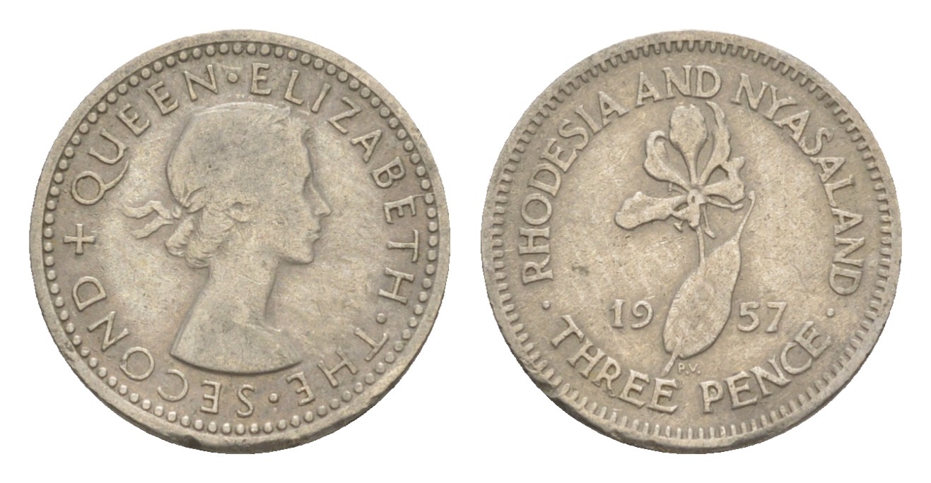 Родезия и Ньясаленд 3 пенса 1957 Елизавета II (1952-2022), цветок глориоза KM  3 медно-никель    4640-919