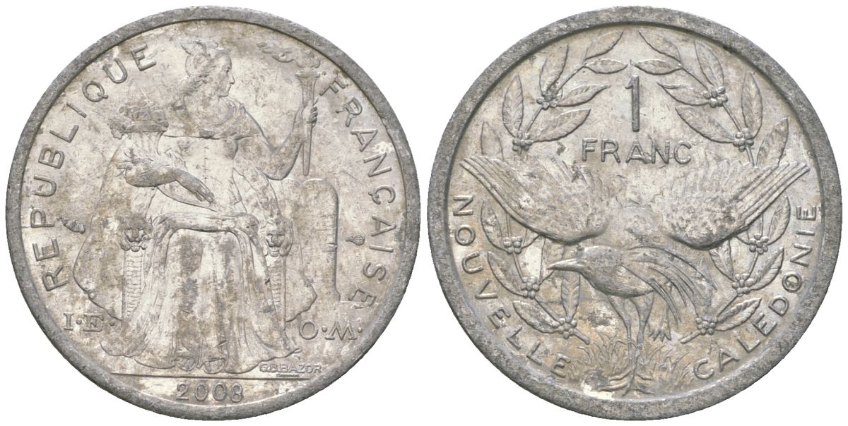 Французская Новая Каледония 1 франк 2008 птица кагу, (IEOM) KM 10, Schoen 10 алюминий 55-322