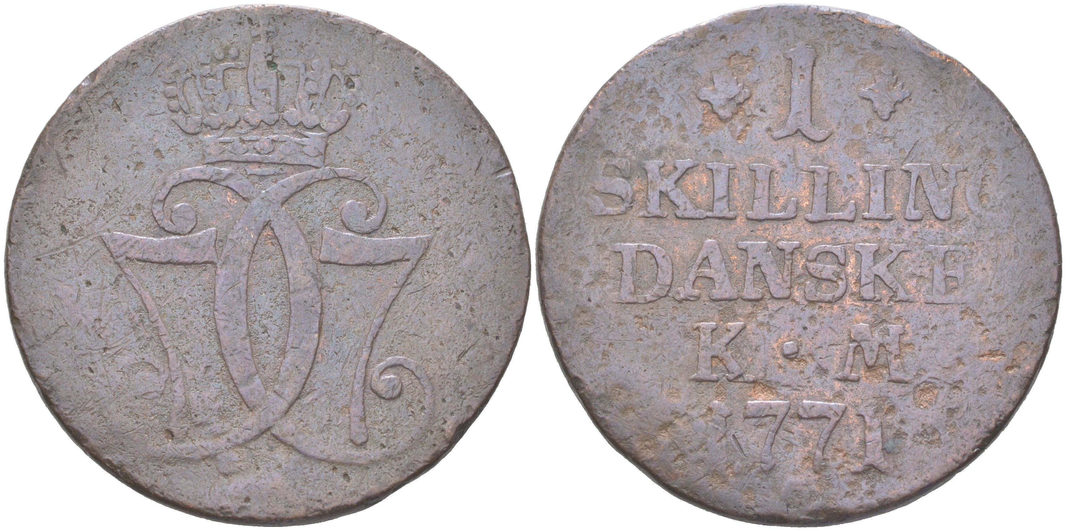 Дания 1 скиллинг 1771 КМ, Кристиан VII (1766-1808) KM 616 медь 4389-1116