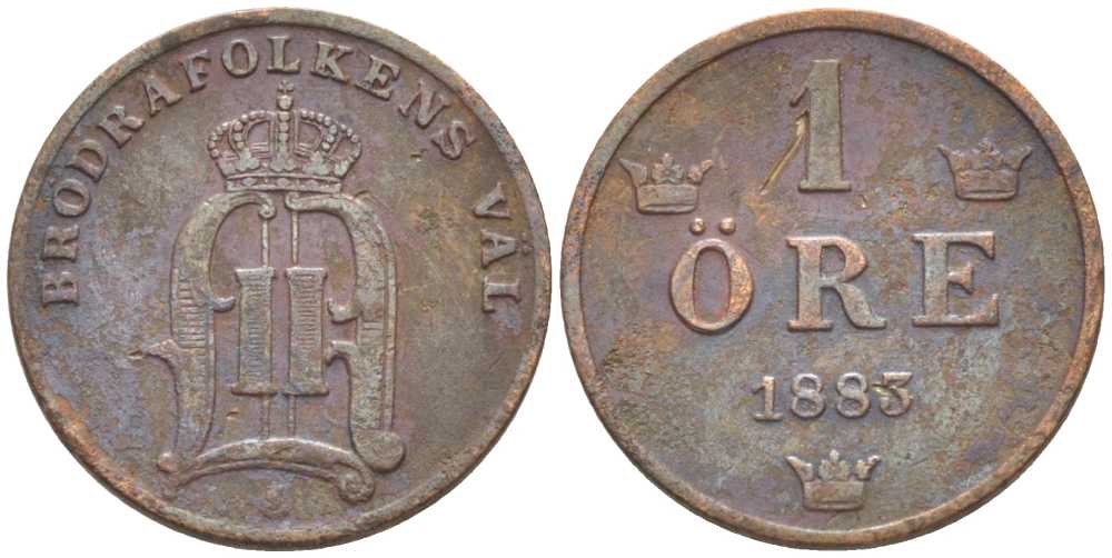 Швеция 1 эре 1883 Оскар II (1872-1907) король Швеции и Норвегии KM 750 (528) бронза 116-1122
