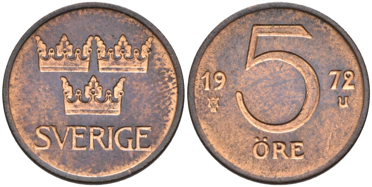 Швеция 5 эре 1972 Густав VI Адольф (1950-1973) KM 845 бронза 4585-316