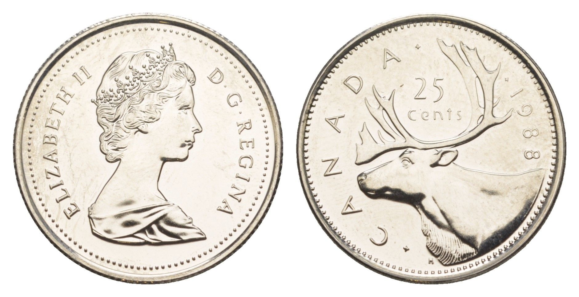 Канада 25 центов 1988 Елизавета II (1952-2022), олень KM 74 никель PROOF-LIKE (BU) 4638-535