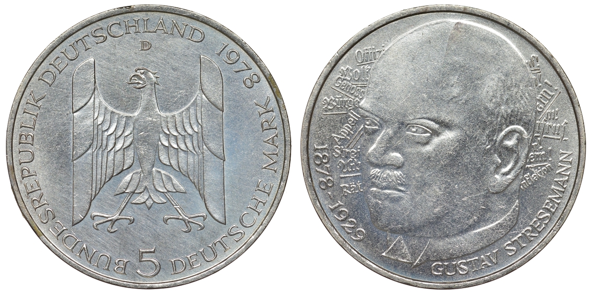 ФРГ 5 марок 1978 D, 200 лет со дня рождения Густава Штреземана J. 422, KM 147 серебро UNC 71-1153