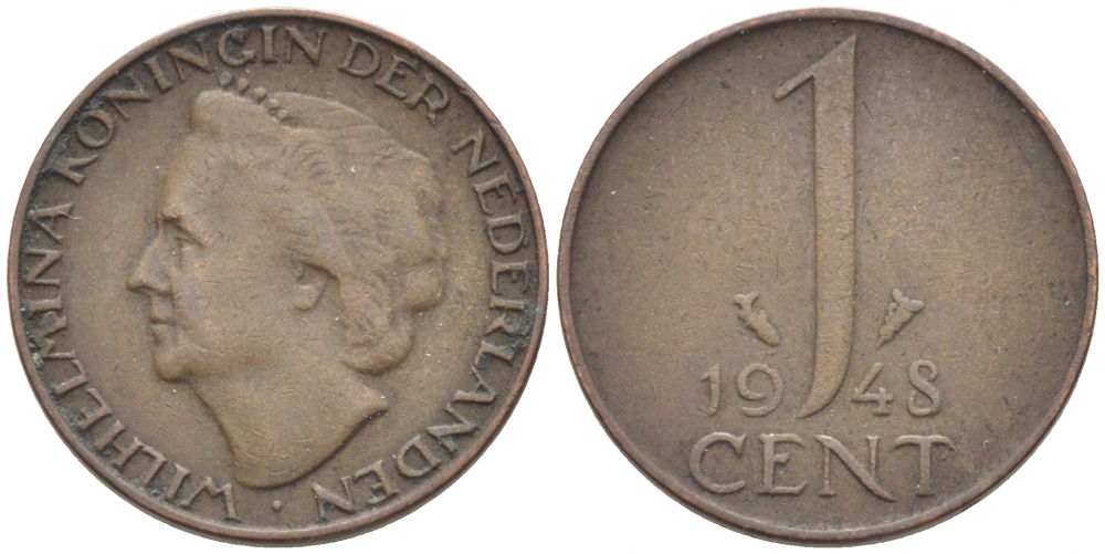 Нидерланды 1 цент 1948 Вильгельмина (1890-1948), год тип KM 175 бронза 112-319