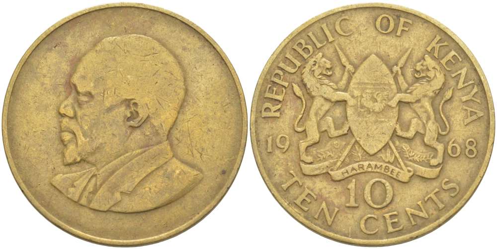 Кения 10 центов 1968 Джомо Кениата KM 2 никель латунь 4512-235