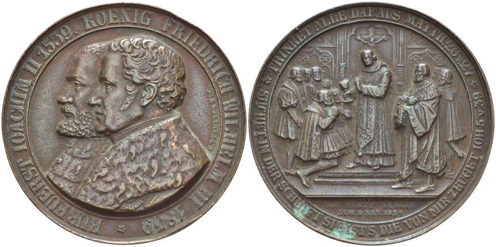 ГЕРМАНИЯ МЕДАЛЬ 1839 КУРФЮРСТ ИОАХИМ II БРАНДЕНБУРГСКИЙ 1539 - КОРОЛЬ ПРУССИИ ФРИДРИХ ВИЛЬГЕЛЬМ III 1838 ГОД, 300 ЛЕТ РЕФОРМАЦИЯМ, 2 НОЯБРЯ 1839 ГОДА, ДИАМЕТР 44 ММ. бронза 05-140-45