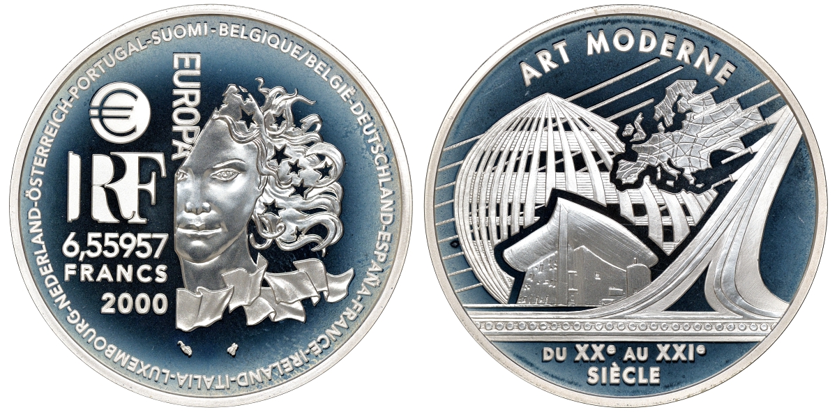 Франция 1 евро = 6,55957 франков 2000 современная архитектура XX-XXI веков в коробке с сертификатом KM 1228 серебро PROOF 4-3-3-16