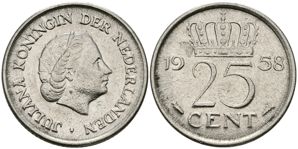 НИДЕРЛАНДЫ 25 ЦЕНТОВ 1958 ЮЛИАНА KM 183 никель 96-138