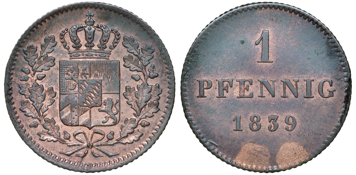 Бавария 1 геллер 1839 Людвиг I (1825-1848) AKS 94 медь 4174-1025