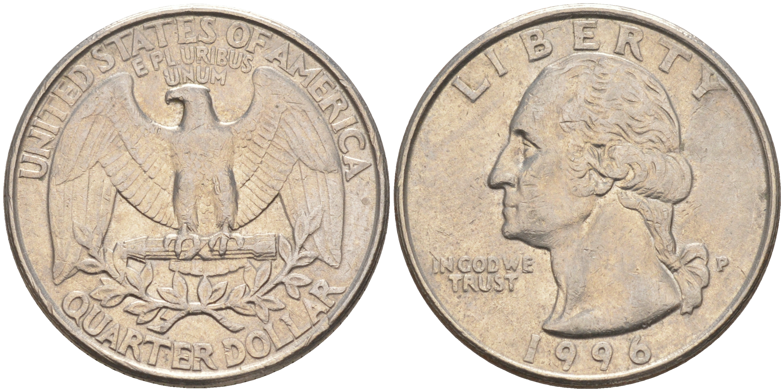 США 25 центов (квотер) 1996 P, Вашингтон KM A164a медь плакированная медно-никелем 4114-942