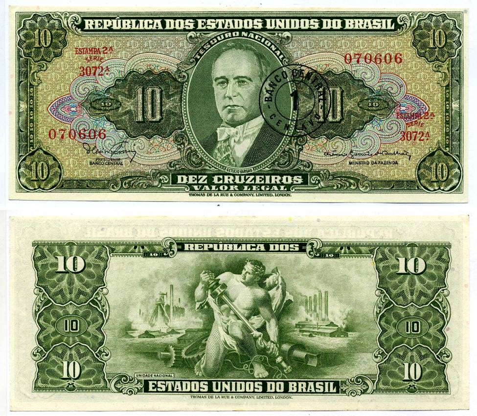 БРАЗИЛИЯ 1 СЕНТАВО 1966 СЕРИЯ 3072А, ESTAMPA 2A, ОШИБКА (MINSTRO), НАДПЕЧАТКА НА 10 КРУЗЕЙРО Pick 183а бумага XF 7221-59-1