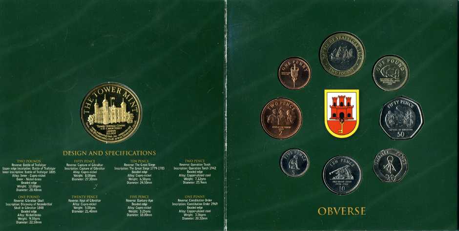 Гибралтар набор из 8 монет плюс жетон 2005 официальный набор, в оригинальном картонном буклете UNC 1-4-2-35