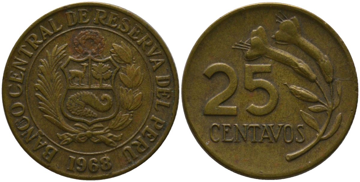Перу 25 сентаво 1968 KM 246.1, Schon 51 латунь 4532-543