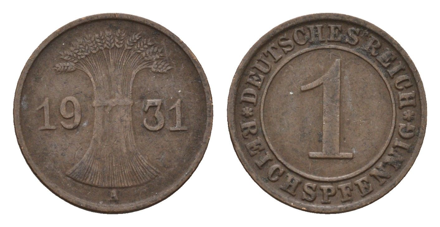 Германия 1 рейхспфенниг 1931 A KM 37, J. 313 бронза 4651-716