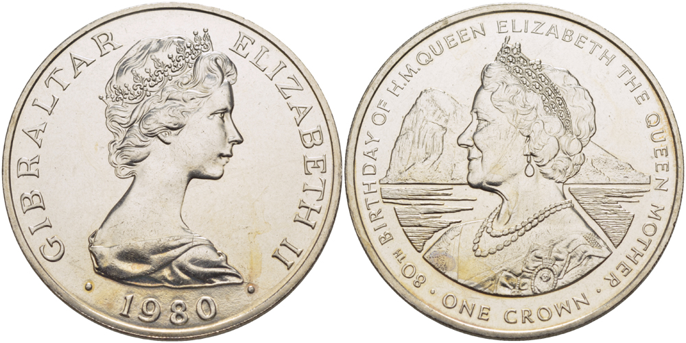 Гибралтар 1 крона 1980 80 лет со дня рождения королевы матери Елизавете KM 11 медно-никель UNC 118-735
