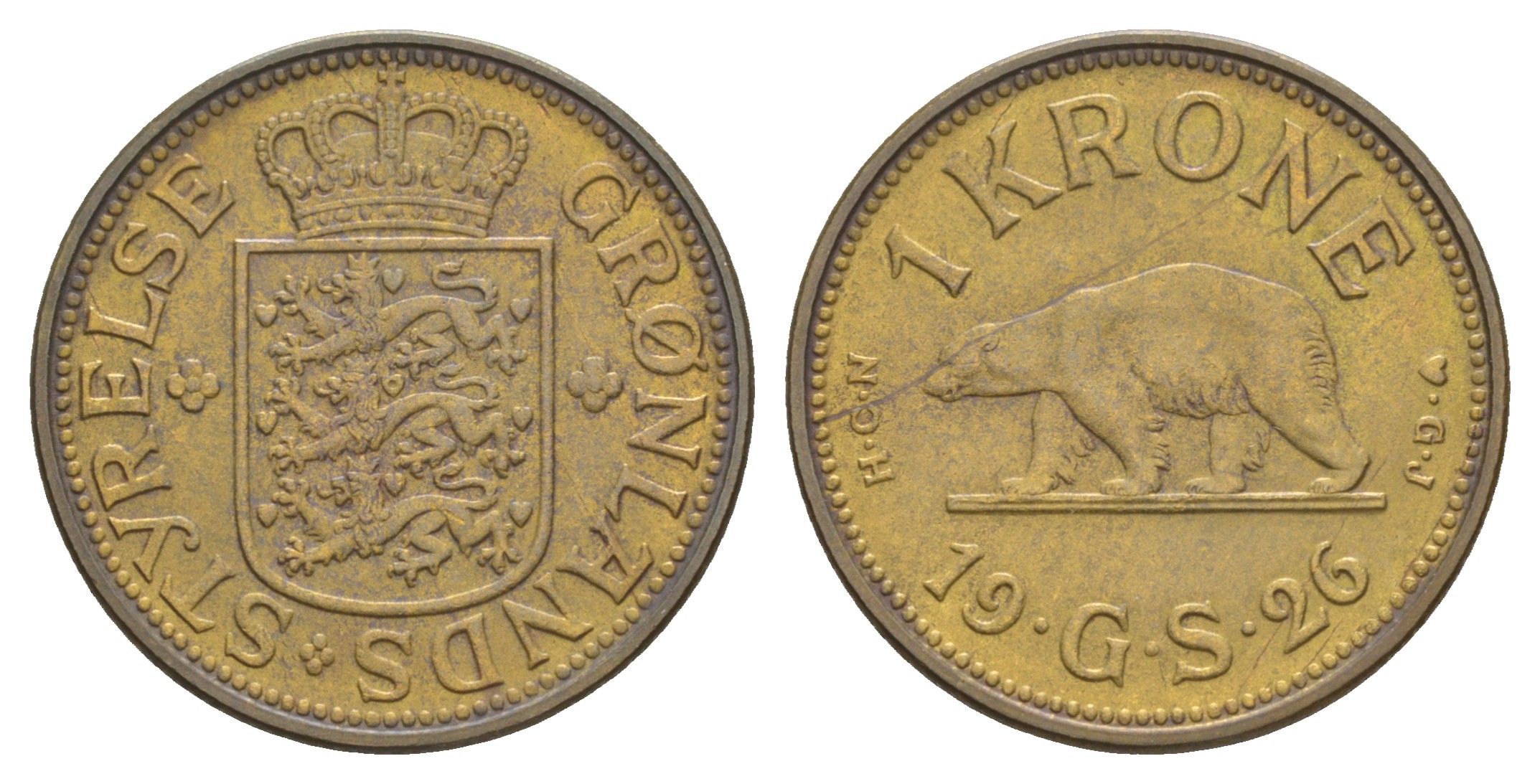 Гренландия 1 крона 1926 NCN; CJ, медведь, датская колония, Кристиан X (1912-1947) KM 8 алюминиевая бронза 441-635