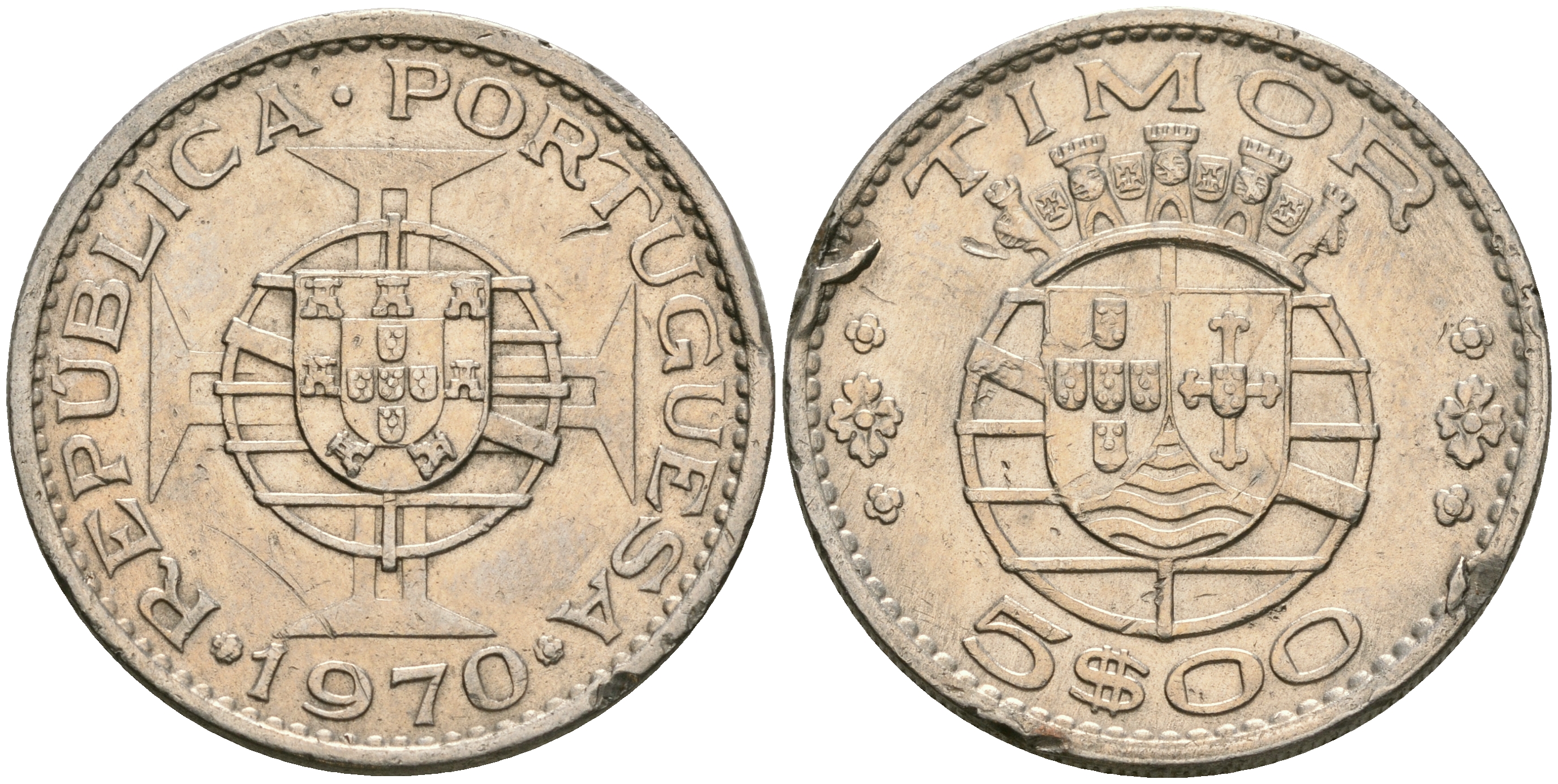 Португальский Тимор 5 эскудо 1970 год тип KM 21 медно-никель 08-1014