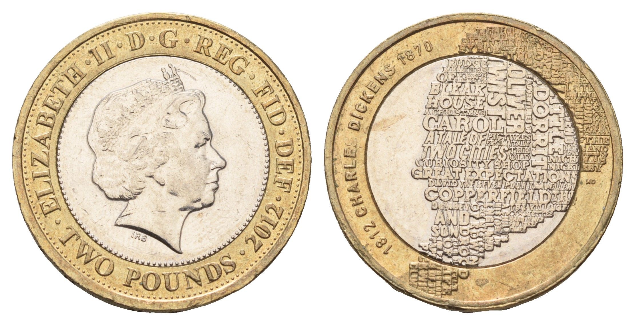 Великобритания 2 фунта 2012 Елизавета II (1952-2022), 200 лет со дня рождения Чарльза Диккенса KM 1224, Spink K29 биметалл 4111-1141