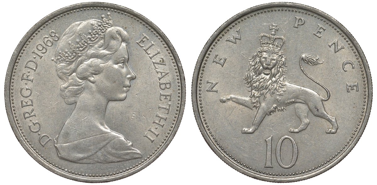 Великобритания 10 пенсов 1968 Елизавета II (1952-2022) KM 912, Spink 4231 (F1) медно-никель 4123-932