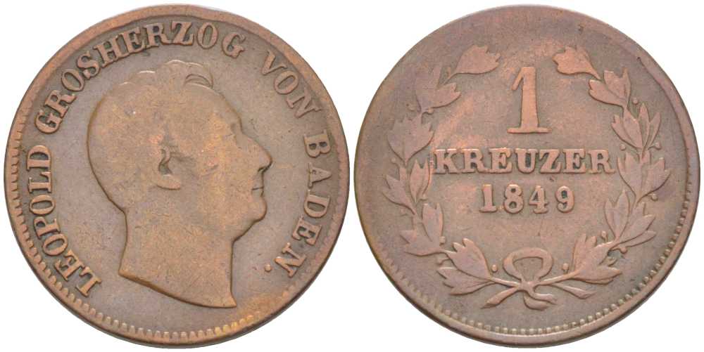 Баден 1 крейцер 1849 Леопольд I (1830-1852) КМ 218.2 медь 117-822