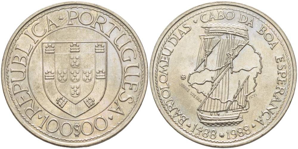 Португалия 100 эскудо 1988 серия золотой век португальских открытий, Бартоломеу Диаш KM 642 медно-никель UNC 4537-524