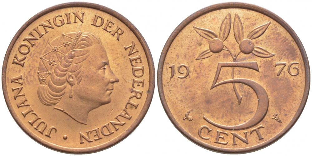 Нидерланды 5 центов 1976 Юлиана (1949-1980) KM 181 бронза 3856-513
