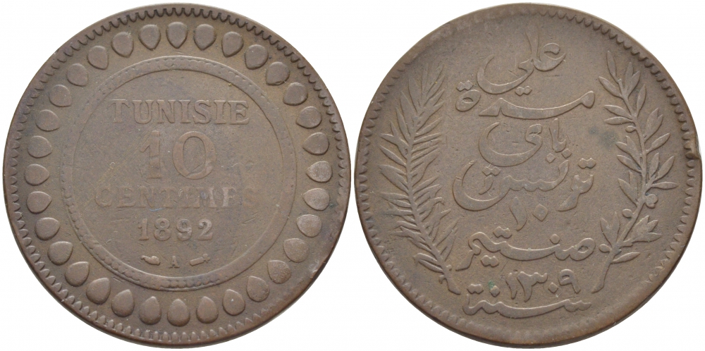 Тунис 10 сантимов 1892 AH 1309, Али III ибн аль-Хусейн KM 222 бронза 115-632