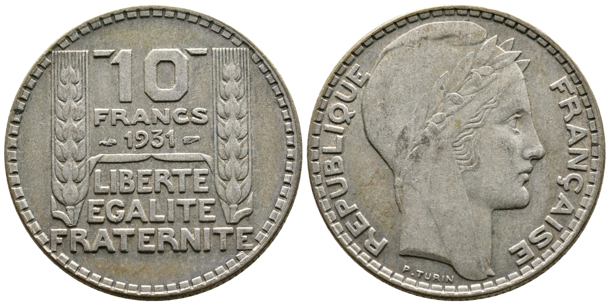 Франция 10 франков 1931 Пьер Тюрен KM 878, Le Franc 360.4 серебро 79-1412